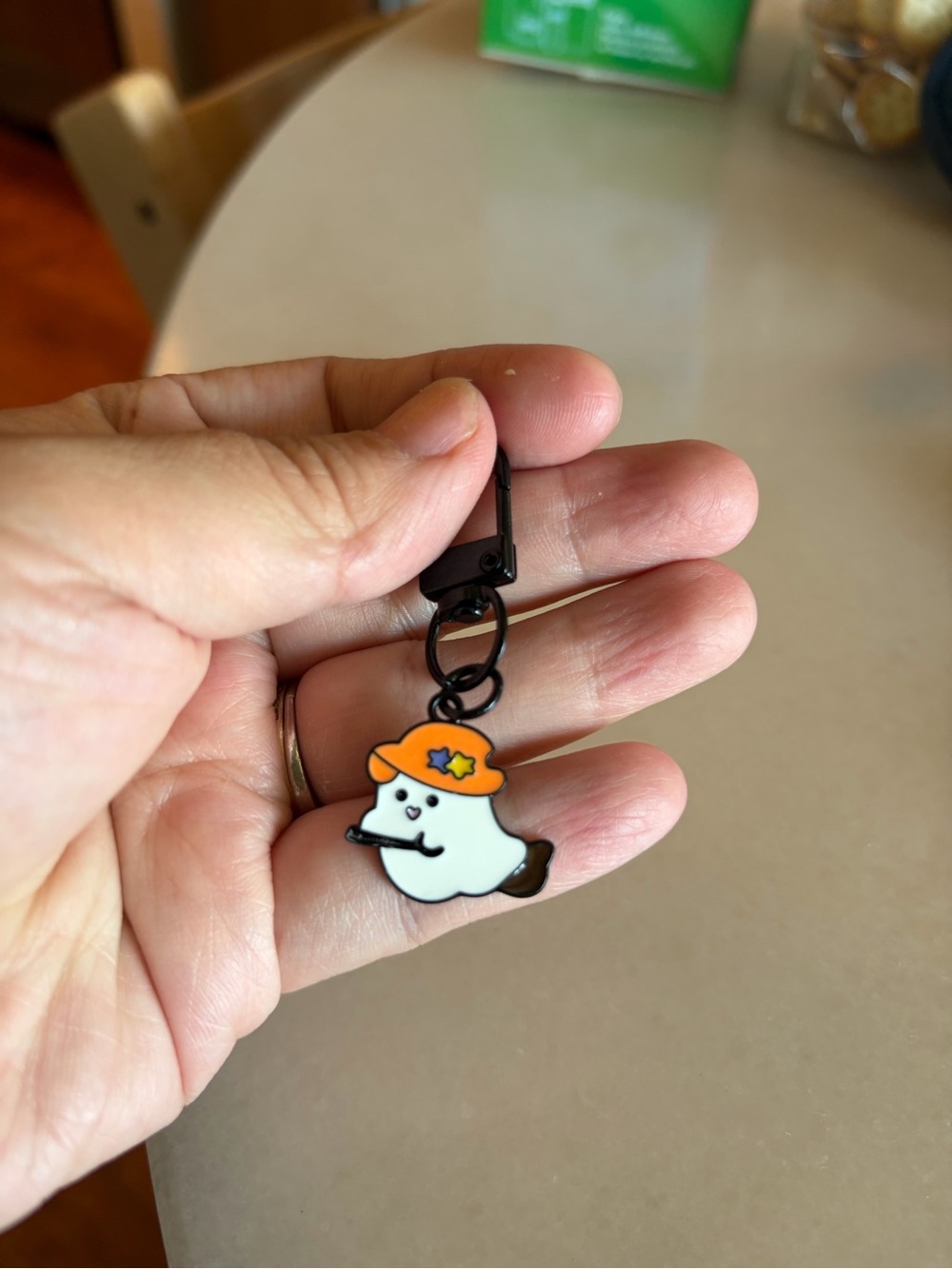 Cute White Ghost Pet Charm Keychain with Orange Hat